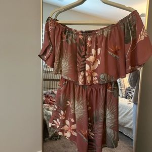 Rust ROMPER. Nicer romper. Off the shoulder with beachy palm print